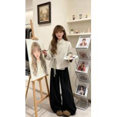 批发入冬搭配一整套韩系穿搭小香风<b class='q'>蕾丝</b>蝴蝶结毛呢外套休闲裤两件套装