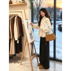 批发入冬搭配一整套韩系穿搭小香风<b class='q'>蕾丝</b>蝴蝶结毛呢外套休闲裤两件套装