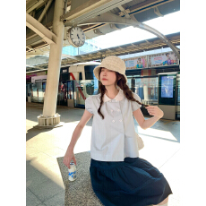 批发PtonUmi夏日优等生 娃娃领双排扣短袖<b class='q'>衬衫</b>女漂亮穿搭百搭显瘦上衣