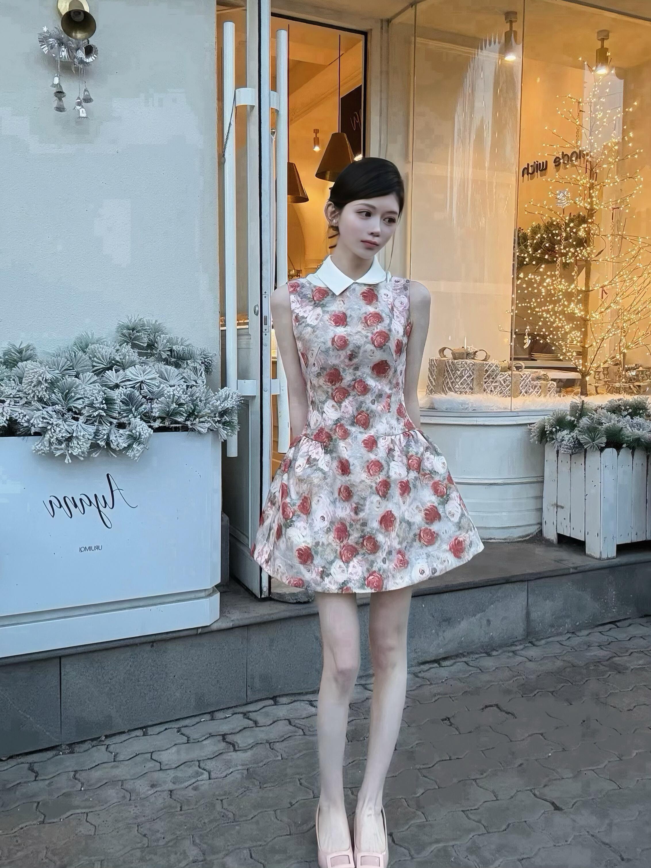 양 작은 볼륨 유화 소녀 드레스 천 금빛 바람 셔츠 칼라 프린트 민소매 꼬집기 허리 치마 생일 치마 공주 드레스