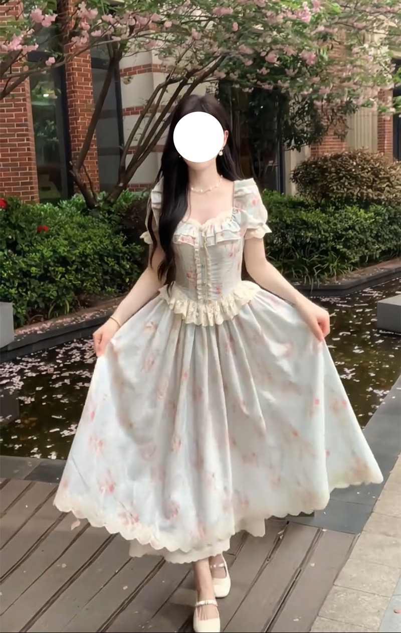 blovelan 꽃 리플 년 복잡한 고대 칼라 프랑스식 부드러운 허리 수축 꽃무늬 천 골드 대 치마 드레스