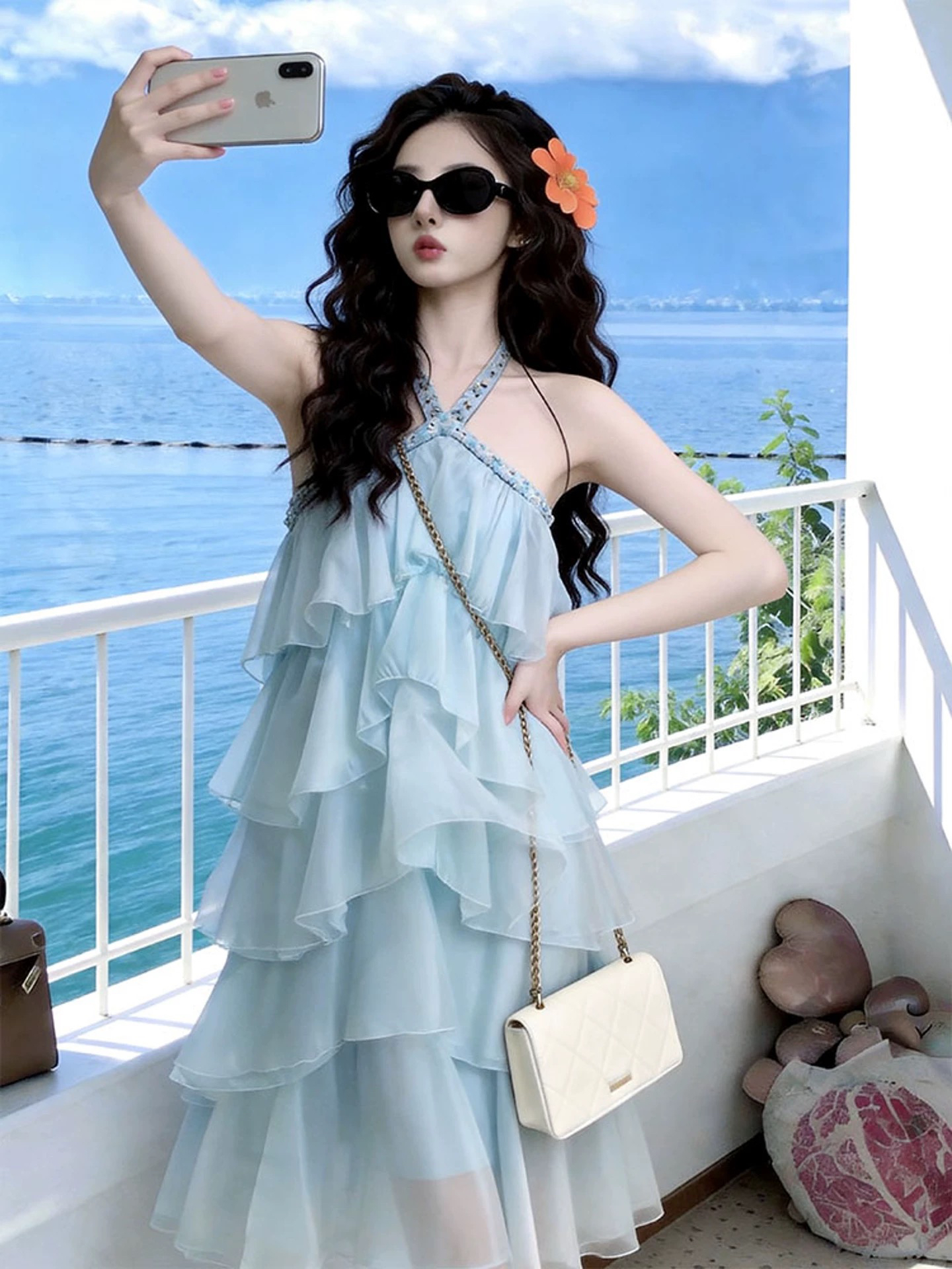 파란색 프릴 케이크 드레스 점프 슈트 치마 행침 목 해변 드레스 여성 해변가 휴가 슈퍼 요정 빛 럭셔리 고급 센스 여름