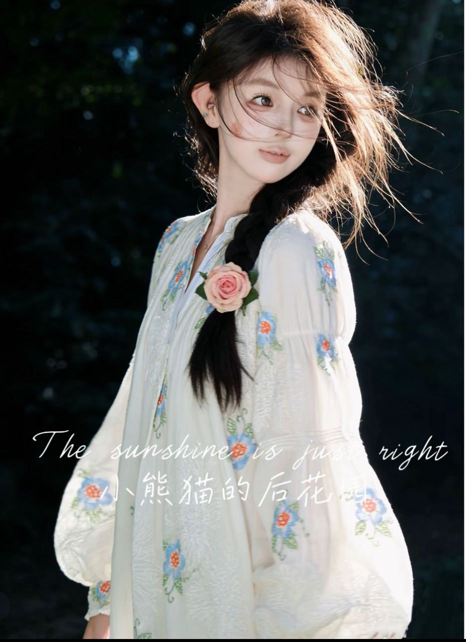 panda s garden 낭만주의 꽃 집 오리지널 자수 무거운 작업 벌룬 소매 긴팔 마이크로 지방 드레스