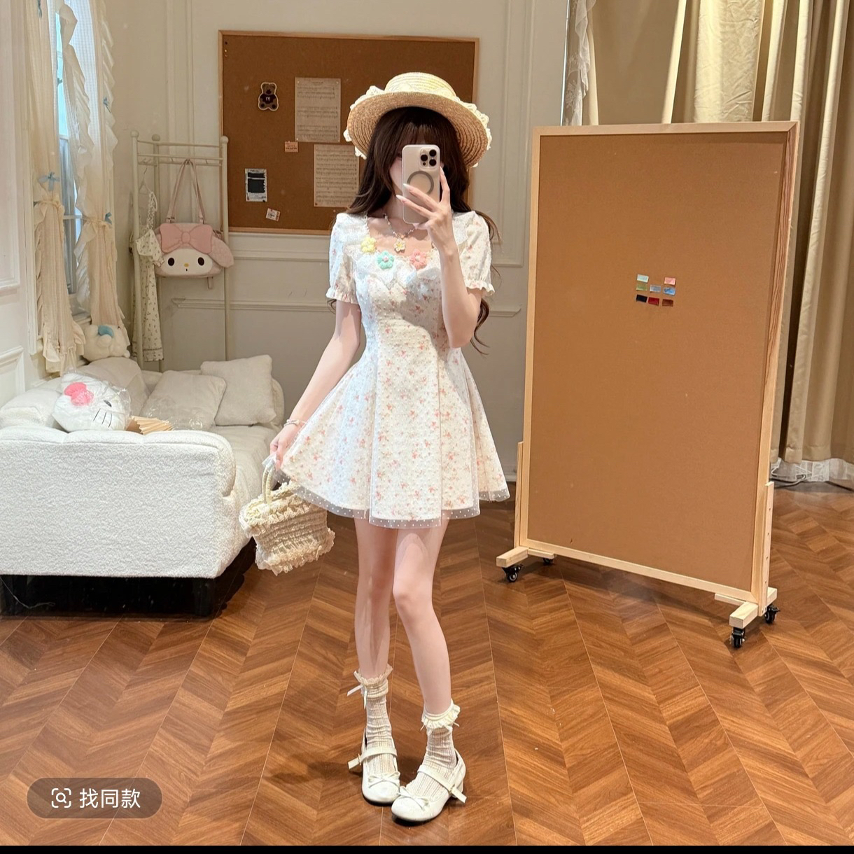 벚꽃 소녀 달콤한 스타일 봄 여름 여성 핑크색 레이스 꽃무늬 허리 수축 슬림해 보이는 점프 슈트 미니 스커트