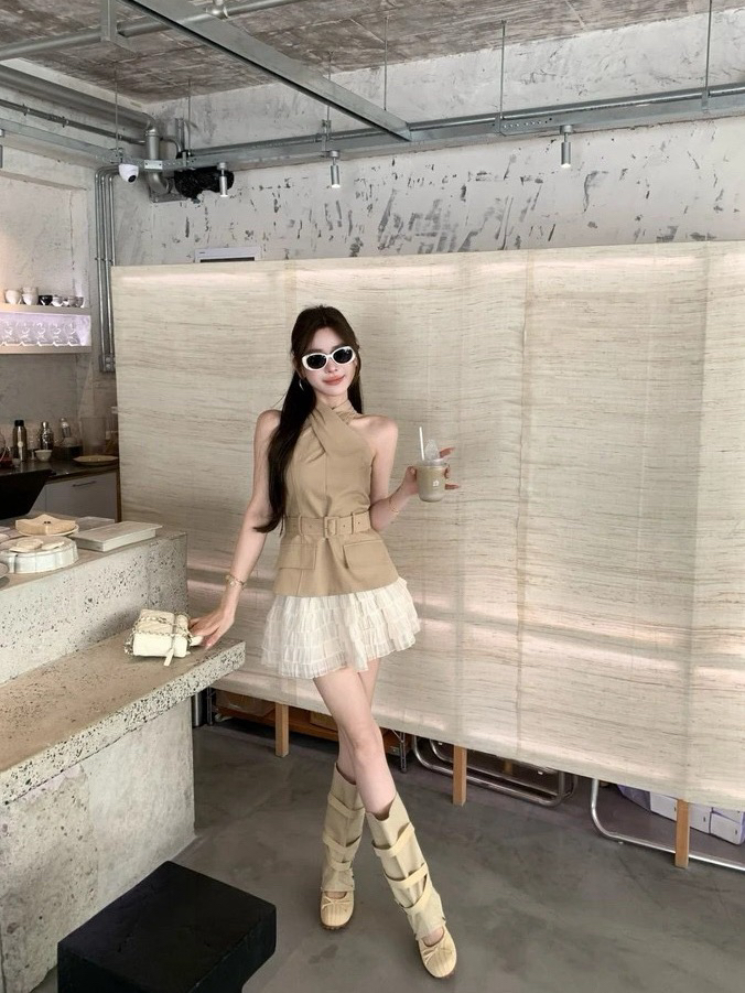 감기 원 웨이 카키 색 십자가 벨트 조끼 베이지 색 쉬폰 무거운 작업 층 반 스커트