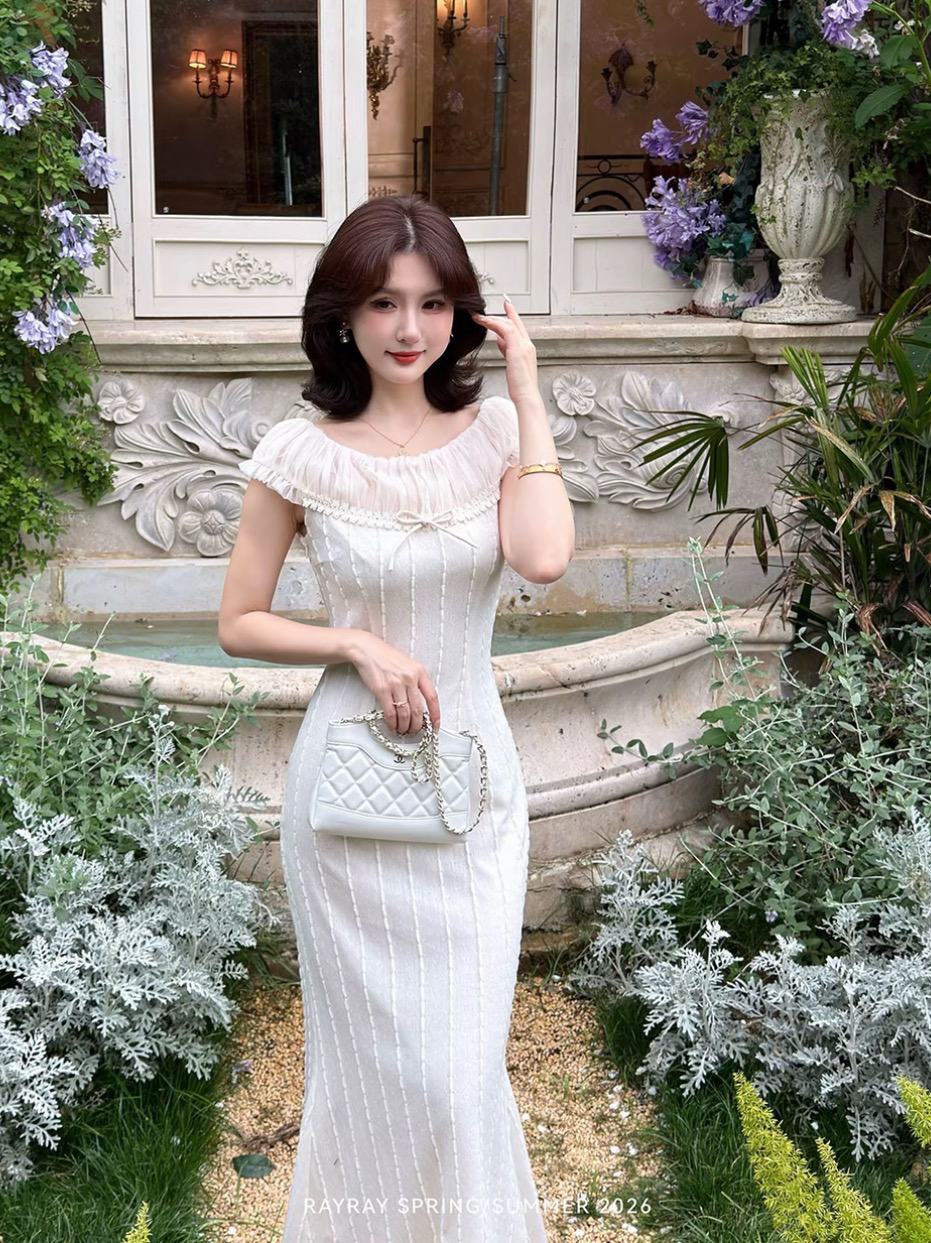 새싹 잘 생긴 달빛 소나타 프랑스식 부드러운 바람 오프숄더 드레스 여름 망사 수직 곡물 슬림해 보이는 롱 스커트