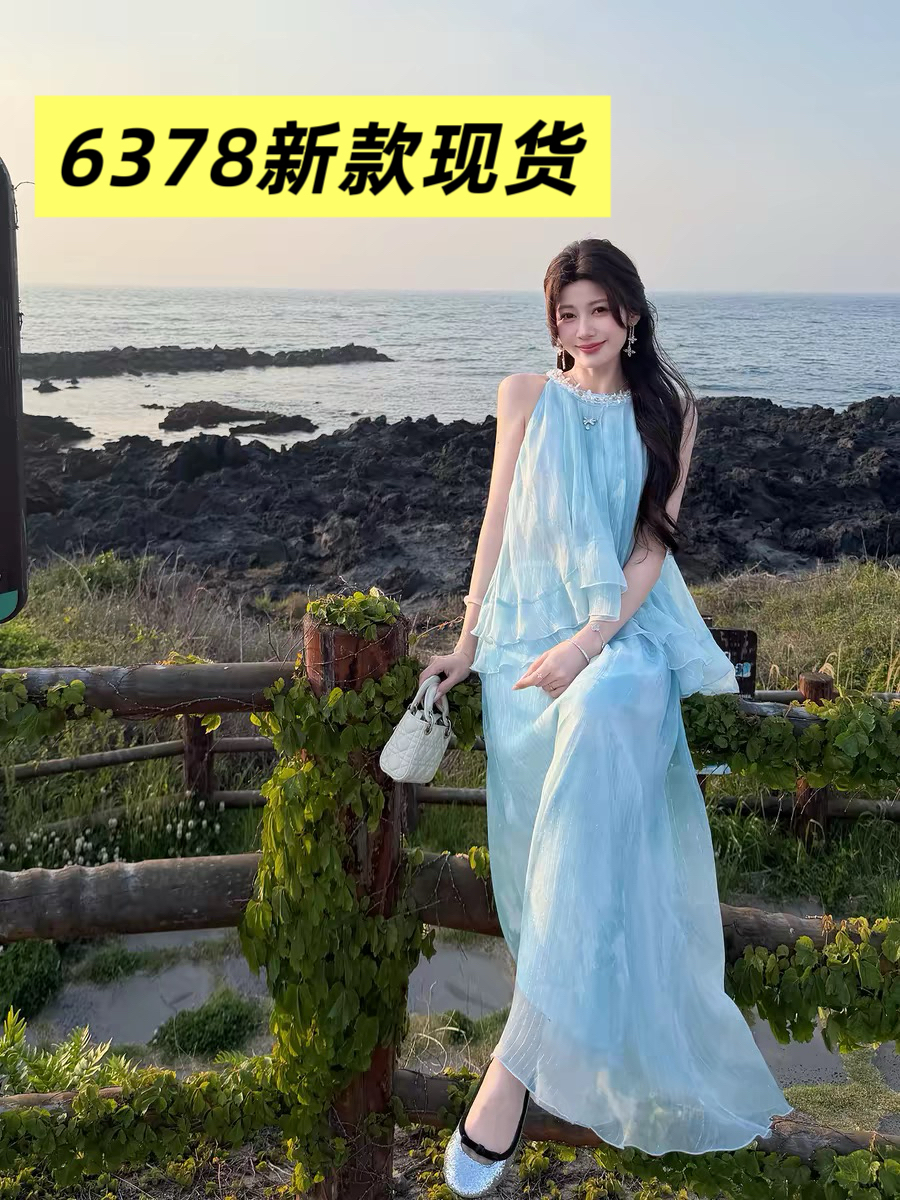 잉여금 도자기 실크 5 13 20 00 켜기 새로운 블루 안개 소문 뽕나무 누에 실크 금은 페이크 레이어드 행침 목 드레스