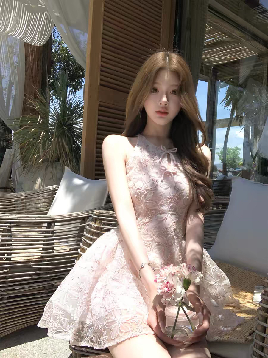 5 27 얕은 사쿠라 튜바 로즈 천 골드 센스 핑크색 스팽글 자수 허리 수축 우산 진자 생일 드레스