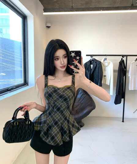 barbchill 체크무늬 일기 체크무늬 캐미솔 여름 허리 수축 인어 꼬리 밑단 민소매 맨위