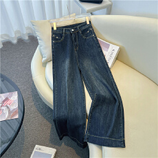 批发高腰微喇阔腿牛仔裤<b class='q'>女</b>2025新款春秋季宽松大裤脚小个子直筒长裤子