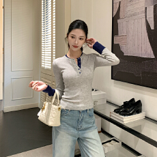 批发撞色假两件圆领<b class='q'>针织</b>衫长袖t恤女2025秋季新款修身内搭打底衫<b class='q'>上衣</b>