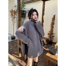 批发侧边拉链设计感高领毛衣<b class='q'>女</b>冬季2025新款小众慵懒风中长款针织上衣
