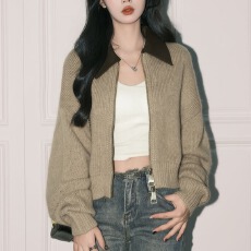 批发慵懒卡其色翻领针织开衫上衣女ins<b class='q'>宽松</b>软糯休闲毛衣外套