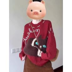 批发韩系慵懒风卡通印花红色套头毛衣女秋冬季圆领宽松软糯针织衫上衣