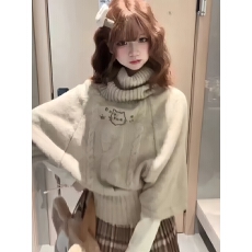 批发萌系麻花针织套头斗篷毛衣女秋冬宽松加厚高领设计感减龄<b class='q'>中袖</b>上衣