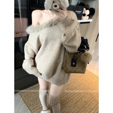 批发芝士~毛领斜肩一字肩毛衣女秋冬中长款宽松慵懒针织衫<b class='q'>短裤</b>两件套