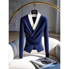 批发蓝色假两件毛衣女秋冬装<b class='q'>大码</b>胖mm收腰高级好看休闲慵懒针织衫上衣