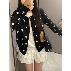 批发韩版波点长袖针织开衫女秋季宽松<b class='q'>毛衣外套</b>设计感短款圆领上衣