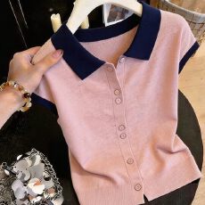 批发2026夏季新款女士撞色简约翻领短袖T恤气质百搭显瘦漂亮开衫上衣