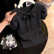 批发2026夏季新款女士灰色时尚气质短袖针织衫设计感超好看泡泡袖上衣