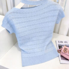 批发蓝色圆领漏锁骨麻花纹短袖针织衫女2026夏季新款设计感纯色上衣
