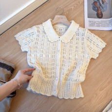 批发2026夏季新款女士小个子短款显瘦镂空针织衫时尚气质娃娃领上衣服