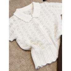 批发法式娃娃领镂空针织衫女短袖显瘦温柔气质小个子上衣软糯外穿<b class='q'>大码</b>