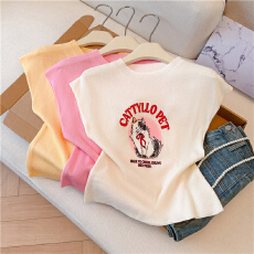 批发奶黄色字母猫咪印花小飞袖<b class='q'>背心</b>T恤女夏季设计感洋气修身针织上衣