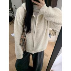韩版软糯羊羔绒连帽毛衣拉链外套女春秋冬新款慵懒风针织开衫上衣