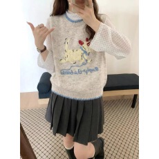批发韩系减龄小狗刺绣杏色针织<b class='q'>马甲女</b>套头宽松春秋冬叠穿无袖毛衣背心