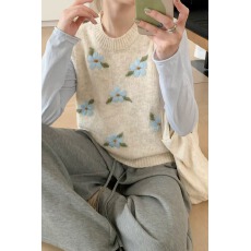 批发韩系圆领手工刺绣碎花针织<b class='q'>马甲女</b>外搭坎肩设计感显瘦软糯上衣