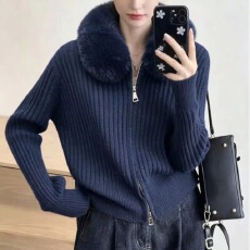 批发双拉链拼接牛仔翻领针织秋<b class='q'>冬</b>新款宽松慵懒风显瘦时尚减龄上衣