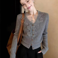 批发早春气质女装蕾丝针织开衫拼接针织衫新款毛衣