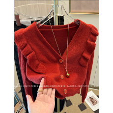 批发甜美荷叶边毛绒V领开衫短外套春季新款女装洋气减龄漂亮针织毛衣