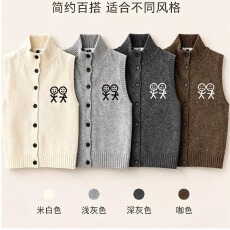批发简约风立领无袖卡通小人印花开衫毛衣 百搭显瘦