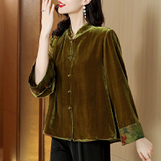 批发20256春秋立领宽松大码<b class='q'>真丝</b>丝绒唐装外套阔太太气质高级感<b class='q'>上衣</b>