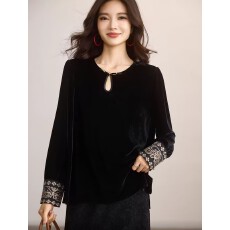批发新中式刺绣黑色衬衫女2026年春秋季新款上衣气质衬衣大码女装潮