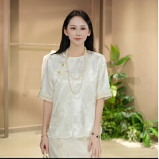 批发凤穿牡丹2026新款百搭显瘦桑蚕丝冠乐绉织带圆领夏季短袖