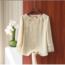 批发2026香槟金提花新中式上衣重工蝴蝶刺绣双层欧根纱袖口气质衬衫