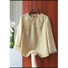 批发2026新中式斜襟衬衫女嫩芽黄提花立体花朵刺绣气质上衣
