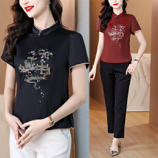 批发高端桃花刺绣复古香云纱上衣短款小个子妈妈新中式<b class='q'>真丝</b><b class='q'>衬衫</b>女