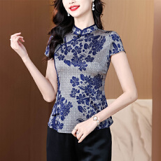 批发中式立领旗袍式重磅<b class='q'>真丝</b><b class='q'>衬衫</b>女短袖2026夏复古盘扣印花桑蚕丝上衣