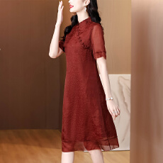 批发夏季妈妈真丝<b class='q'>连衣裙</b>桑蚕丝女装新款品牌高级国风改良婚宴旗袍裙子