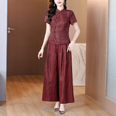 批发红色香云纱<b class='q'>修身</b>套装女新中式刺绣真丝上衣红云纱直筒<b class='q'>裤</b>两件套新