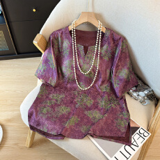 批发洋气花色<b class='q'>妈妈</b>真丝上衣女装2026夏季新款宽松桑蚕丝T恤小衫
