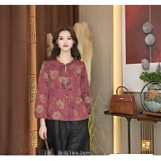 批发花罗红云纱水墨花直版立领盘扣桑蚕丝女装上衣T恤