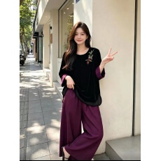 批发2026秋季新款女装黑色高端丝绒上衣女长袖圆领套头九分袖上衣