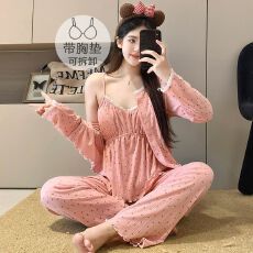 批发6535棉<b class='q'>睡衣</b>女春秋季长袖带胸垫2025网红<b class='q'>性感</b>三件套家居服