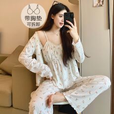 批发6535棉<b class='q'>睡衣</b>女春秋季长袖带胸垫2025网红<b class='q'>性感</b>三件套家居服
