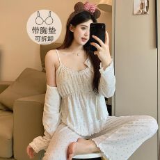 批发6535棉<b class='q'>睡衣</b>女春秋季长袖带胸垫2025网红<b class='q'>性感</b>三件套家居服